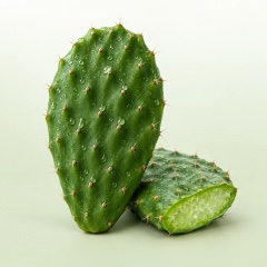 Penca de nopal fresca con una mitad cortada, el cactus que da nombre a Nopalis